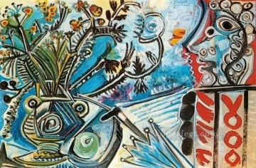 Flores y busto de Hombre con paraguas 1968 cubismo Pablo Picasso Pinturas al óleo